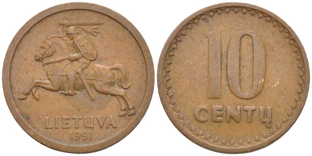 ЛИТВА 10 ЦЕНТОВ 1991 KM 88 бронза 116-135