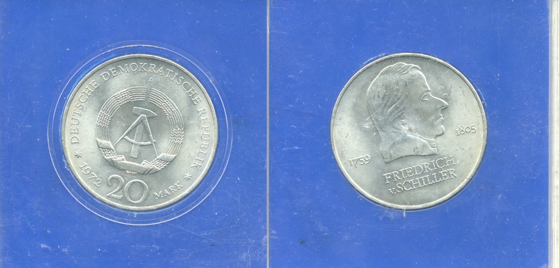 ГДР 20 марок 1972 А, Фридрих Шиллер (1759-1805) KM 40 медно-никель UNC 1-4-4-25