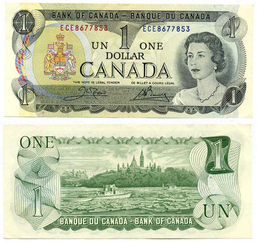 Канада 1 доллар 1973 Елизавета II (1952- ), здание парламента на реке Оттава, Crow-Bouey Pick 85 c бумага aUNC 7375-26-2-1