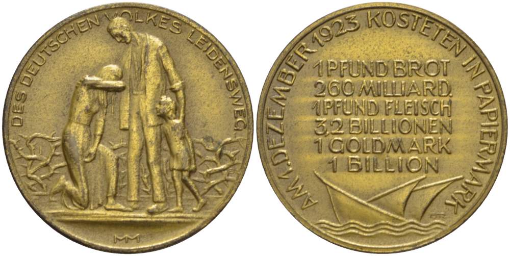 Германия медаль 1923 гиперинфляция, цены на продукты 1 ого декабря в Саксонии, 32 мм. бронза 4179-131