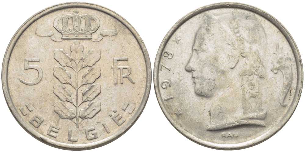 БЕЛЬГИЯ 5 ФРАНКОВ 1978 BELGIE, БОДУЭН I (1951-1993) KM 135.1 медно-никель 119-842