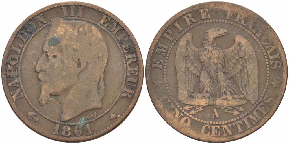 ФРАНЦИЯ 5 САНТИМОВ 1861 A, НАПОЛЕОН III (1852-1870) KM 797.1, LE FRANC 117.2 бронза 108-452