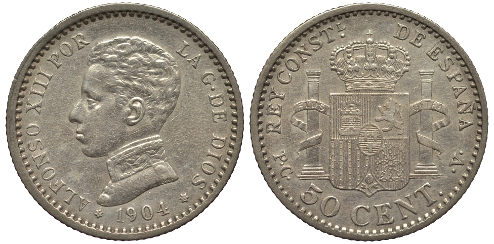 ИСПАНИЯ 50 СЕНТИМО 1904 P.C.V., АЛЬФОНСО XIII KM 723 серебро 413-4343