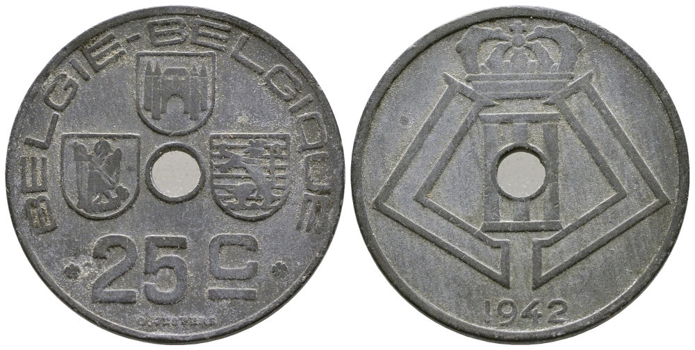 БЕЛЬГИЯ 25 САНТИМОВ 1942 BELGIE-BELGIQUE, ГЕРМАНСКАЯ ОККУПАЦИЯ, ВТОРАЯ МИРОВАЯ ВОЙНА KM 132 цинк 177-1026