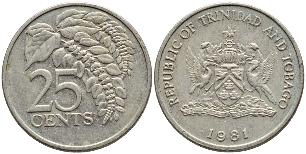 Тринидад и Тобаго 25 центов 1981 цветок дикая пуансеттия KM 32 медно-никель 4396-763