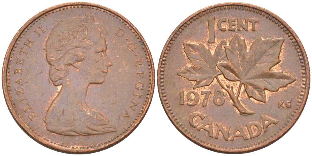 Канада 1 цент 1978 Елизавета II (1952-2022), кленовый лист KM 59.1 бронза 54-913