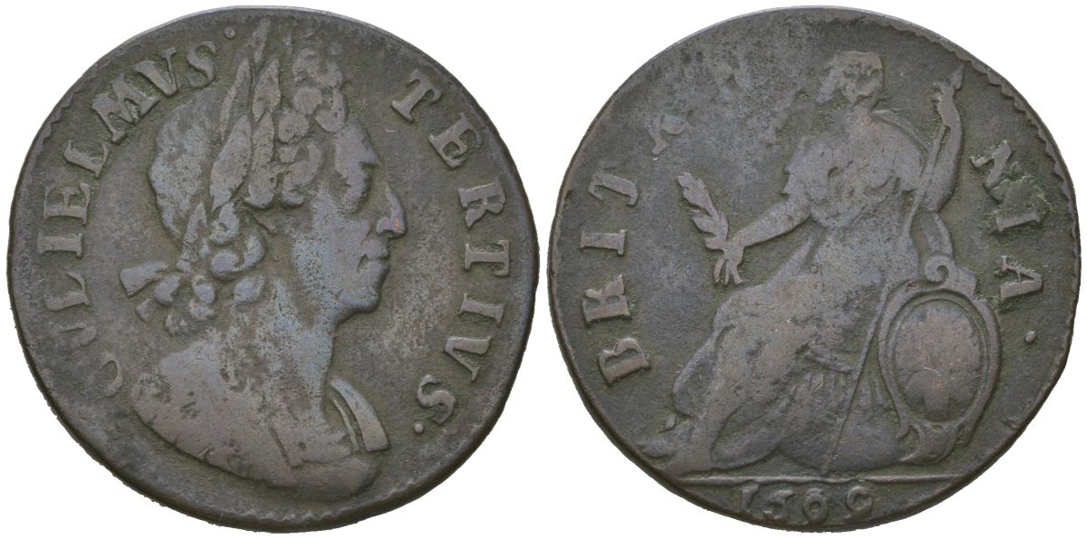 Англия 1/2 пенни 1699 Вильгельм III (1694-1702) KM 503, Spink 3556 медь 4590-632