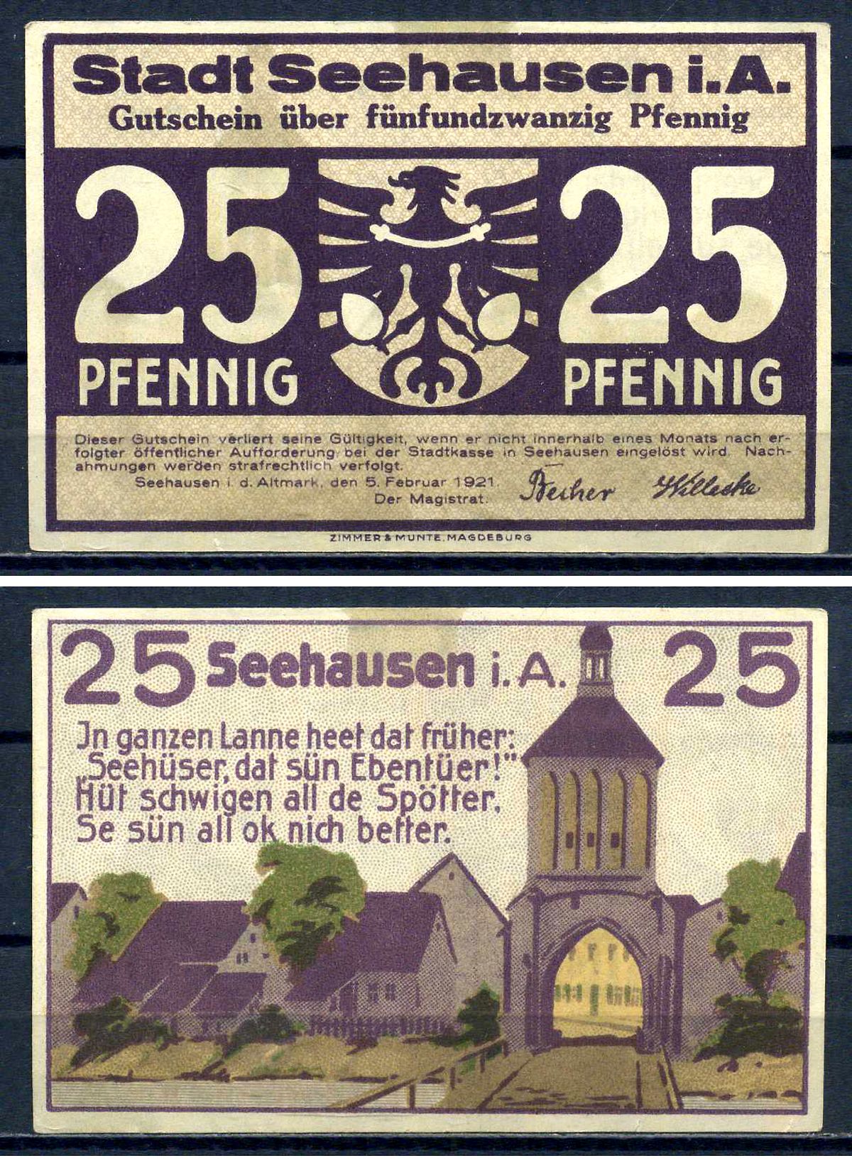 Зехаузен в Альтмарке (Пруссия, Саксония) 25 пфеннигов 1921 DeNG 1/2 1215.1-2/3 бумага UNC (пресс) 7556-23-2-1
