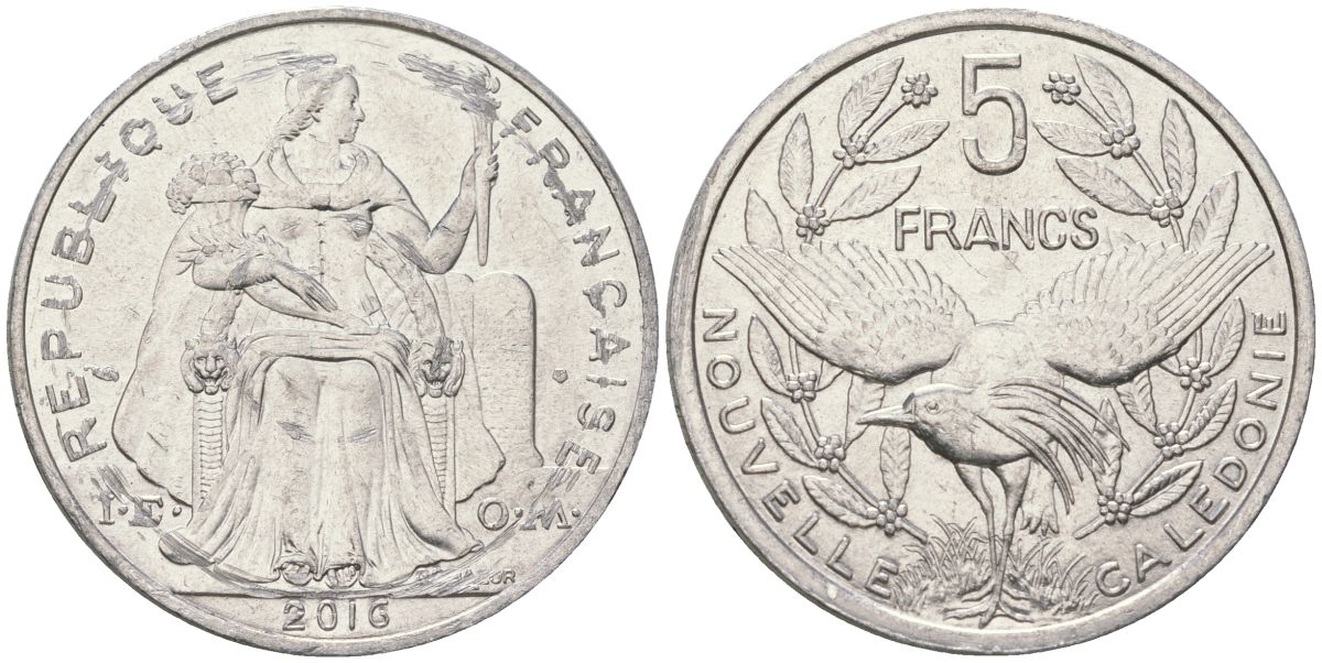 Французская Новая Каледония 5 франков 2016 птица кагу, (IEOM) KM 16, Schoen 12, Lec 81k алюминий 4117-1215