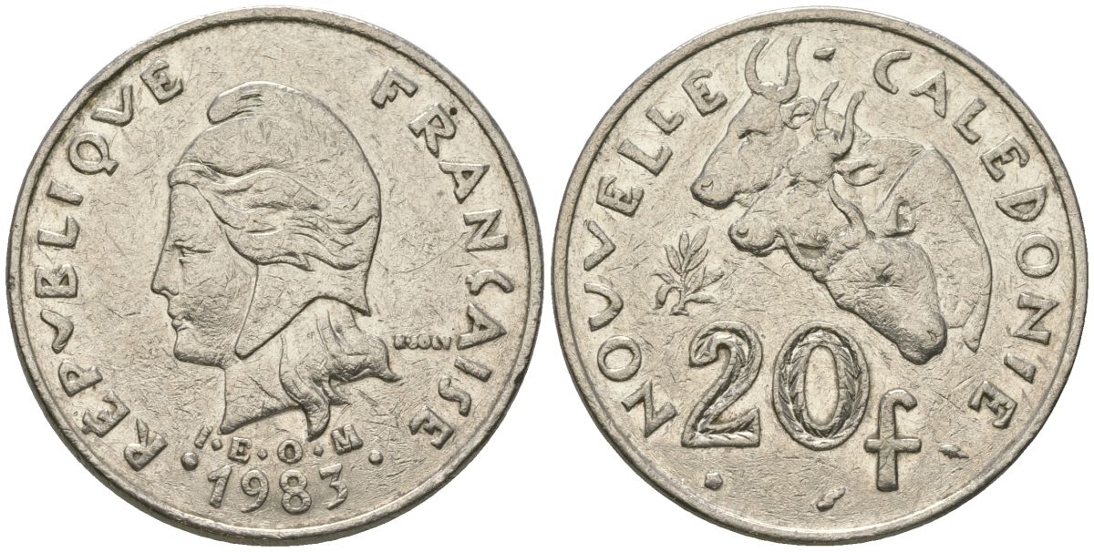 Французская Новая Каледония 20 франков 1983 три быка, (IEOM) KM 12, Schoen 14, Lec 111 никель 4680-233