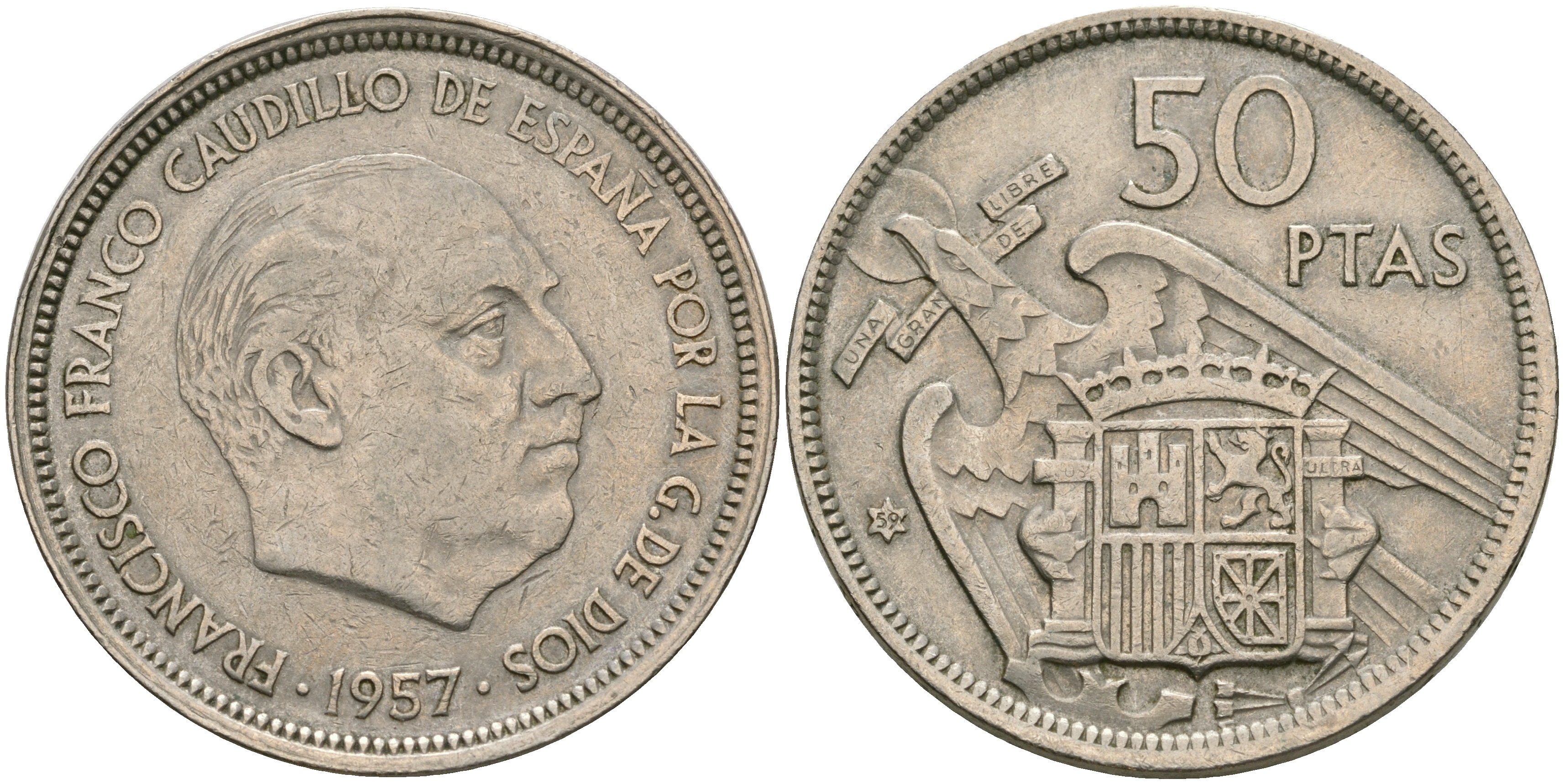 Испания 50 песет 1957 (59) Франсиско Франко (1939-1975) KM 788 медно-никель 08-712