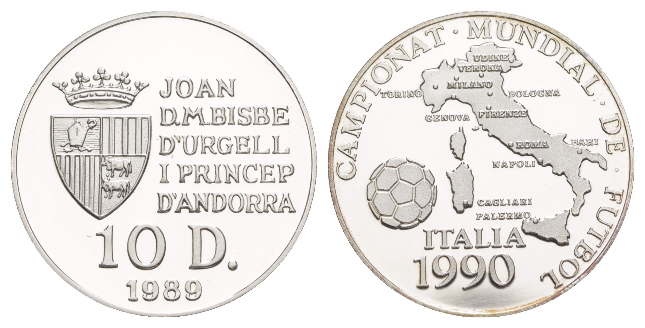 Андорра 10 динеров 1989 Чемпионат мира по футболу 1990, карта Италии KM 60 серебро PROOF 11-056-23