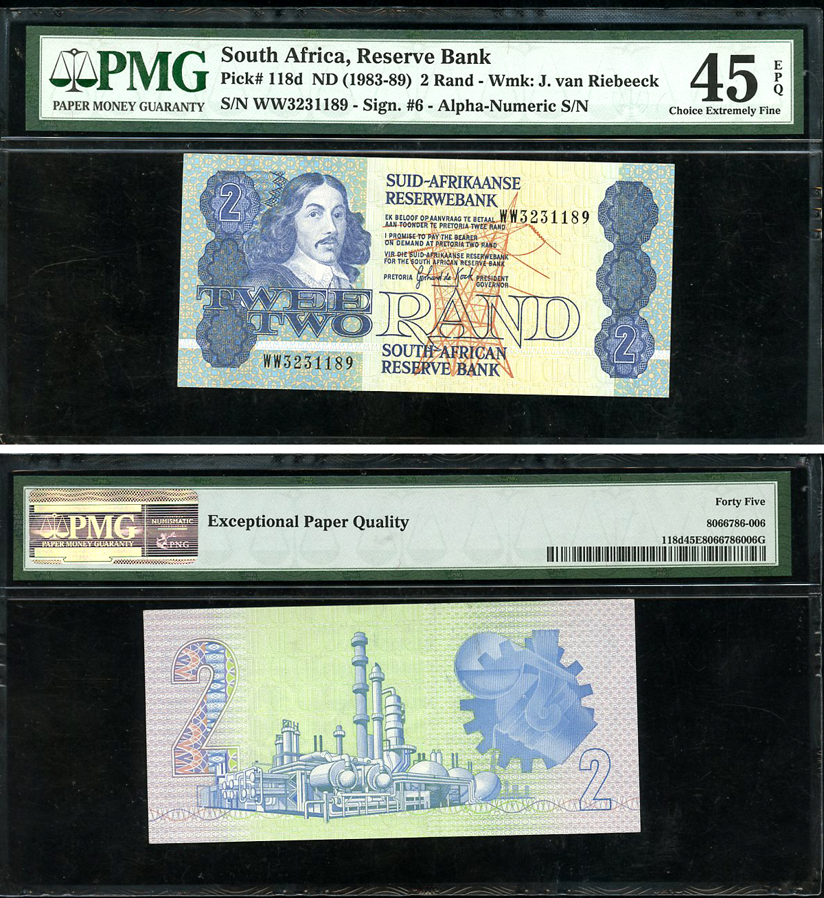 ЮАР 2 ранда ND (1983-89) Бартоломеус Вермуйден, нефтеперерабатывающий завод, африкаанс-английский, в слабе PMG 58 Choice Extremely Fine Pick 118 d бумага    452-1-57