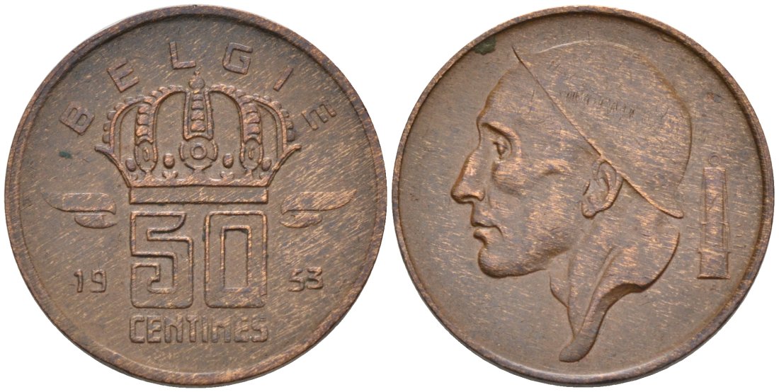 БЕЛЬГИЯ 50 САНТИМОВ 1953 BELGIE KM 149.1 бронза 4564-932