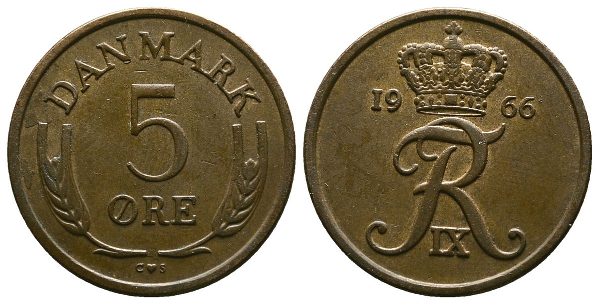Дания 5 эре 1966 C; S, Фредерик IX (1947-1972) KM 848.1 бронза 4383-1051