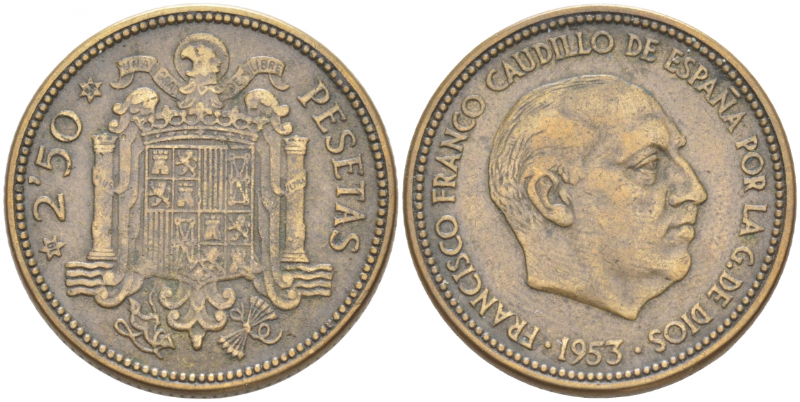 ИСПАНИЯ 2 1/2 ПЕСЕТЫ 1953 (54) ФРАНСИСКО ФРАНКО ДИКТАТОР ИСПАНИИ (1939-1975) KM 785 алюминиевая бронза 68-145