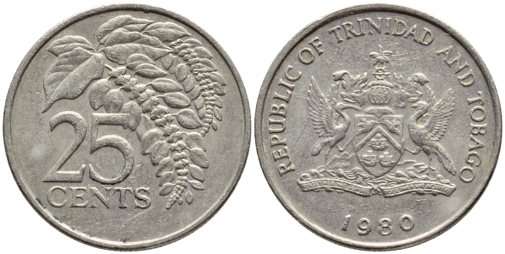 Тринидад и Тобаго 25 центов 1980 цветок дикая пуансеттия KM 32 медно-никель 4396-755