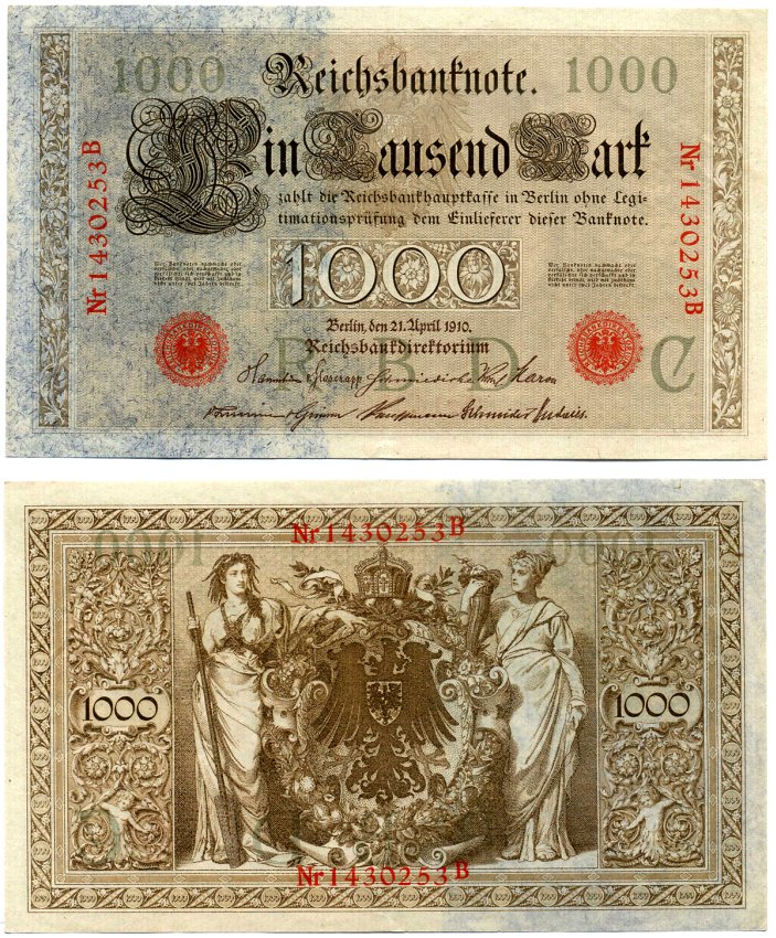 Германия 1000 марок 1910 21 апреля 1910, красная печать, номер семизначный, серия В, буква С, выпуск АПРЕЛЬ - АВГУСТ 1919 Pick 44, Роземберг 45b бумага VF 2194-21-1-2