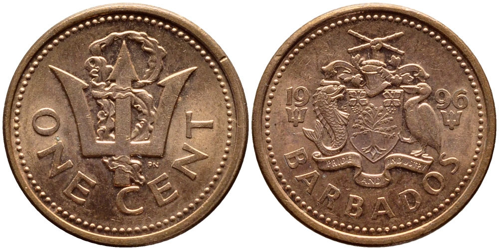 Барбадос 1 цент 1996 сломанный трезубец Британии KM 10а цинк плакированный медью 4398-612