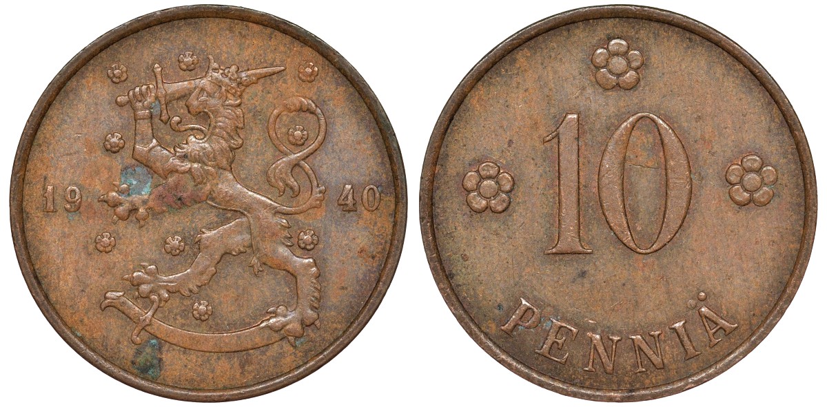 Финляндия 10 пенни 1940 KM 24 медь 51-3224
