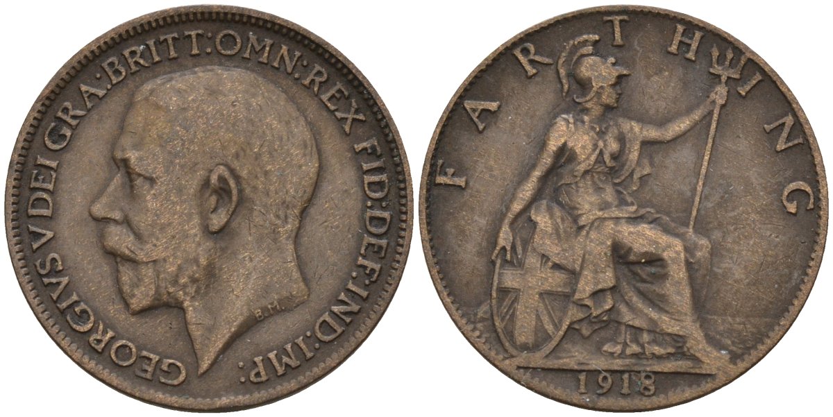 Великобритания 1 фартинг 1918 Георг V (1910-1936) KM 825, Spink 4061 бронза 4596-1017