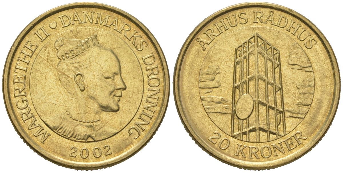 Дания 20 крон 2002 серия башни и ратуши, городская ратуша Орхуса KM 889 алюминиевая бронза UNC 34-711