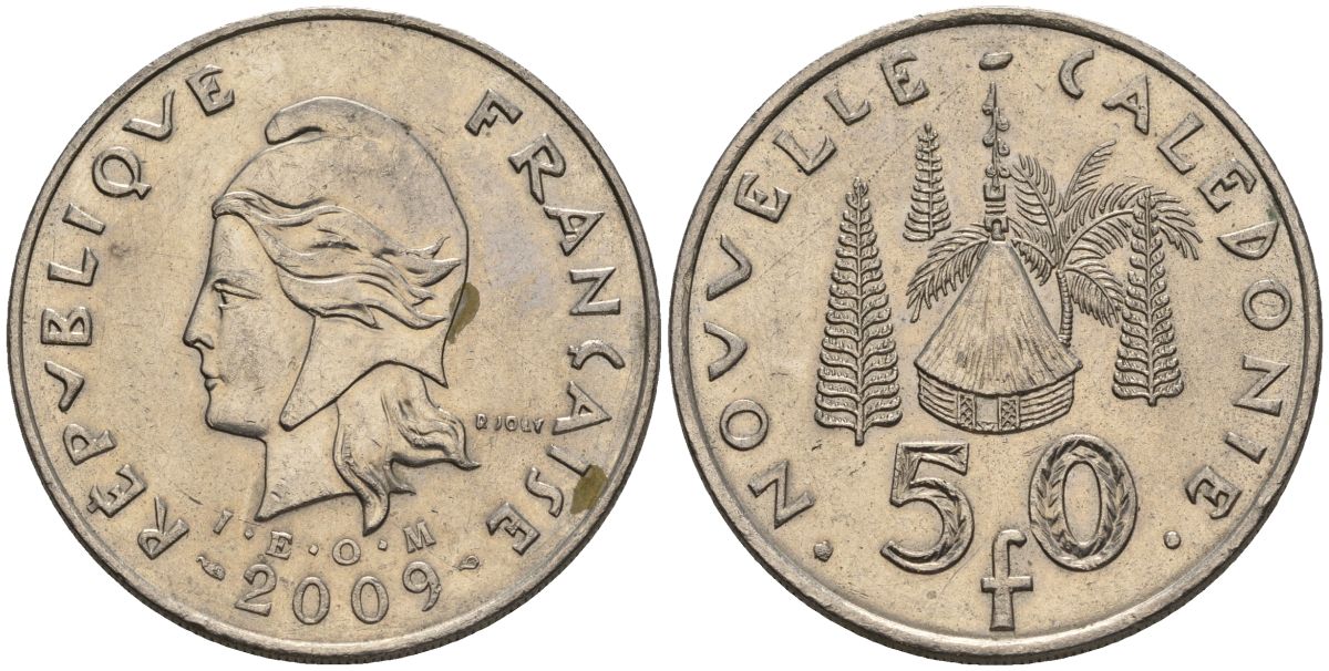 Французская Новая Каледония 50 франков 2009 хижина среди сосен и пальм, (IEOM) KM 13a, Schoen 15a, Lec 128i медно-никель 4111-625