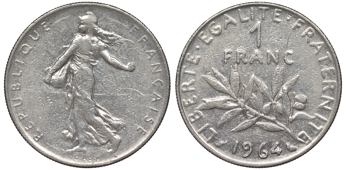 Франция 1 франк 1964 сеятель KM 925.1, Le Franc 226.8 никель 25-2351