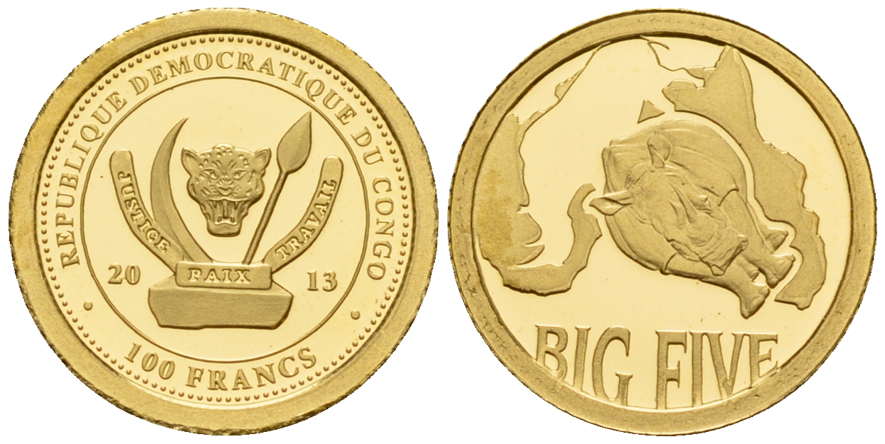 Конго 100 франков 2013 серия большая пятерка, носорог золото PROOF 00-804-33