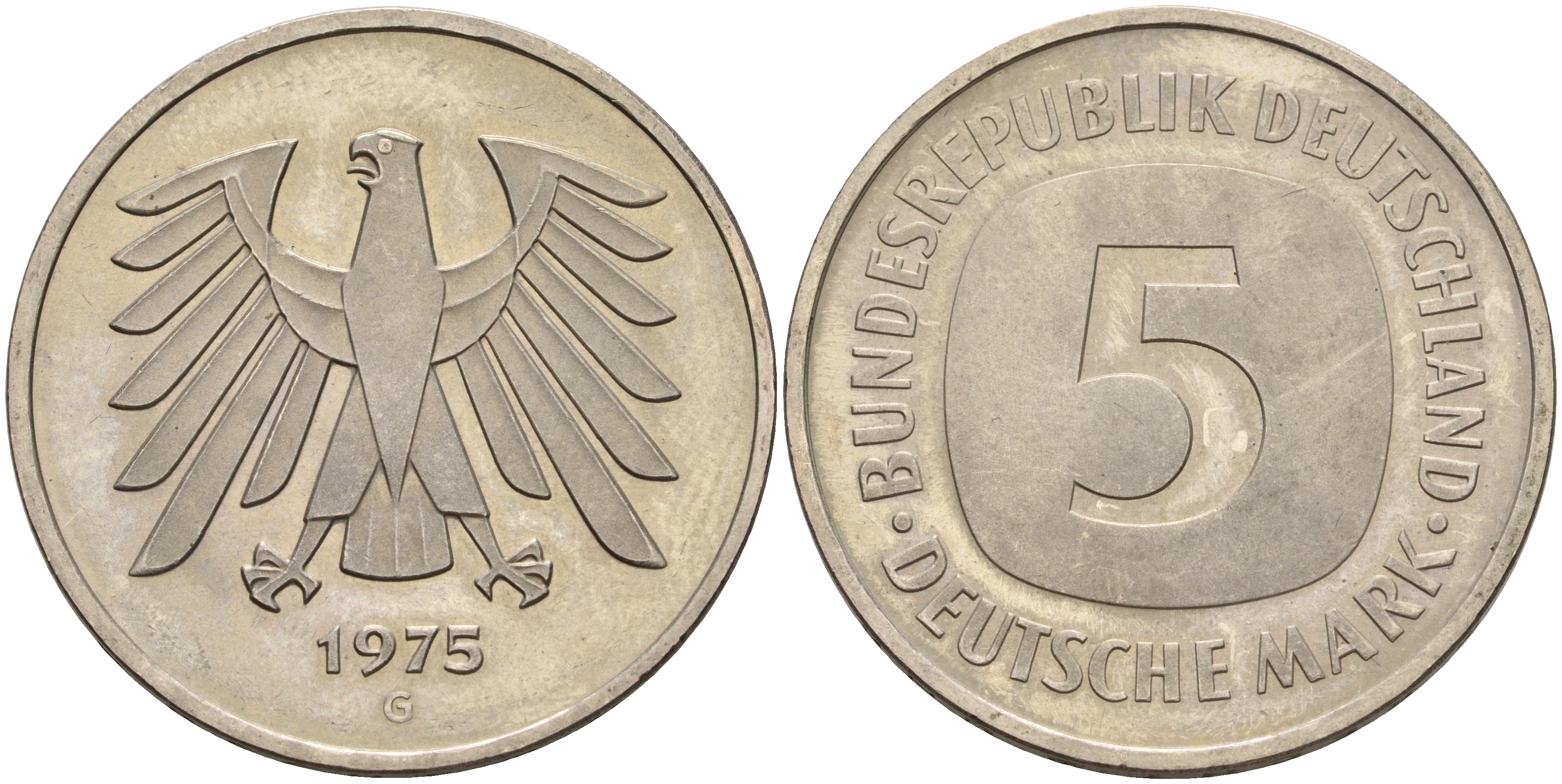 ФРГ 5 марок 1975 G, монетный двор Карлсруэ КМ 140.1, J. 415 медно-никель плакированный никелем UNC 4185-116