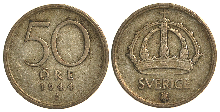 Швеция 50 эре 1944 G, Густав V (1907-1950) KM 817 серебро 76-934