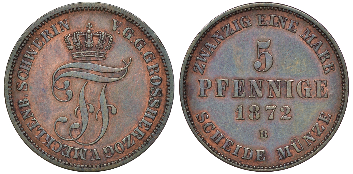 Мекленбург-Стрелиц 5 пфеннигов 1872 B, Фридрих Франц II (1842-1883) KM 103 медь 1523-915