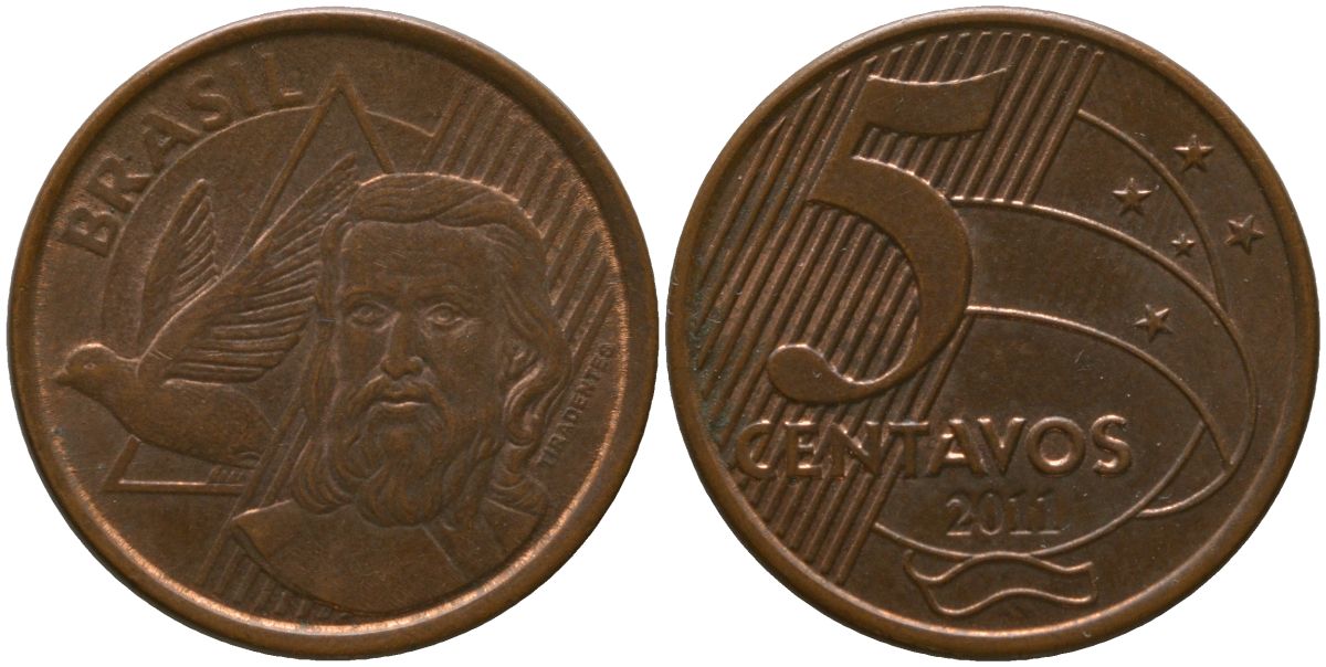 Бразилия 5 сентаво 2011 KM 648, Schon 156 сталь плакированная медью 4523-1232