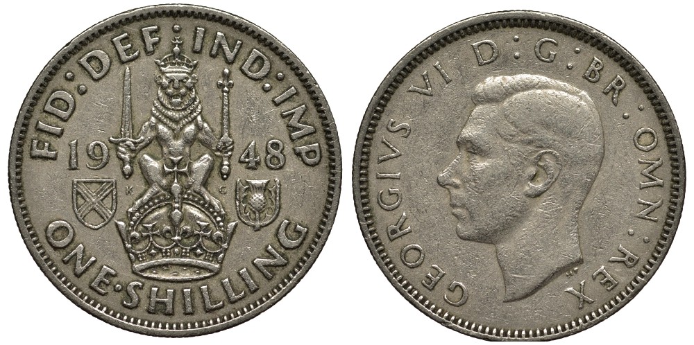 Великобритания 1 шиллинг 1948 Георг VI (1936-1952), Шотландский герб KM 864, Spink 4104 медно-никель 186-851