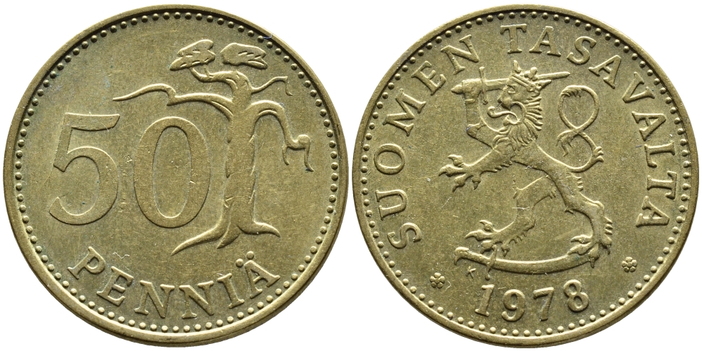 ФИНЛЯНДИЯ 50 ПЕННИ 1978 К KM 48 алюминиевая бронза 4364-2714