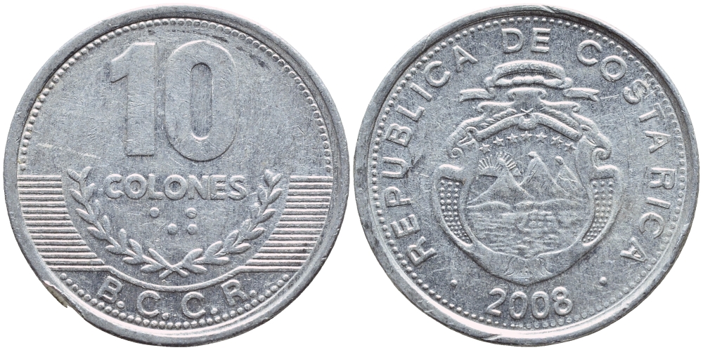КОСТА-РИКА 10 КОЛОН 2008 B.C.C.R. KM 228b алюминий 51-2356