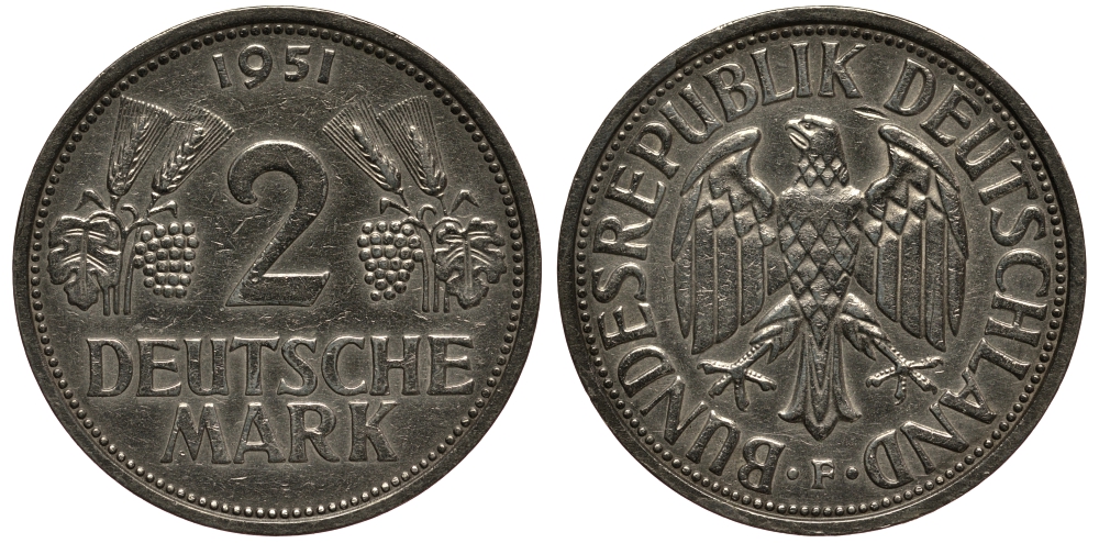 ФРГ 2 марки 1951 F J 386, KM 111 медно-никель плакированный никелем 3711-541