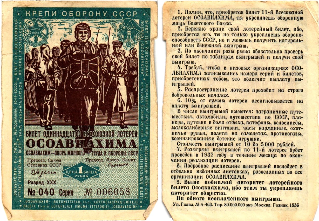 СССР 1 рубль 1936 Одиннадцатая всесоюзная лотерея Осоавиахима 2195-33-1-1
