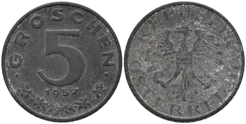 АВСТРИЯ 5 ГРОШЕЙ 1957 KM 2875 цинк 112-669
