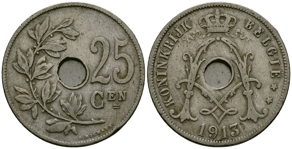 Бельгия 25 сантимов 1913 Belgie KM 69 медно-никель 4165-736