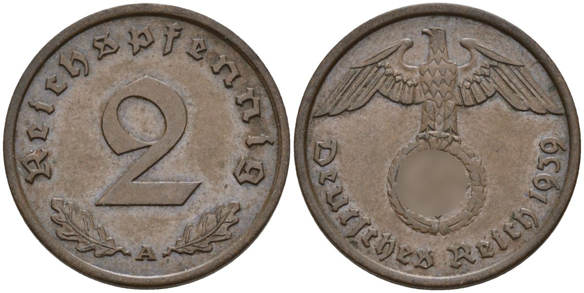 Германия 2 рейхспфеннига 1939 A KM 90, J. 362 бронза 4151-126