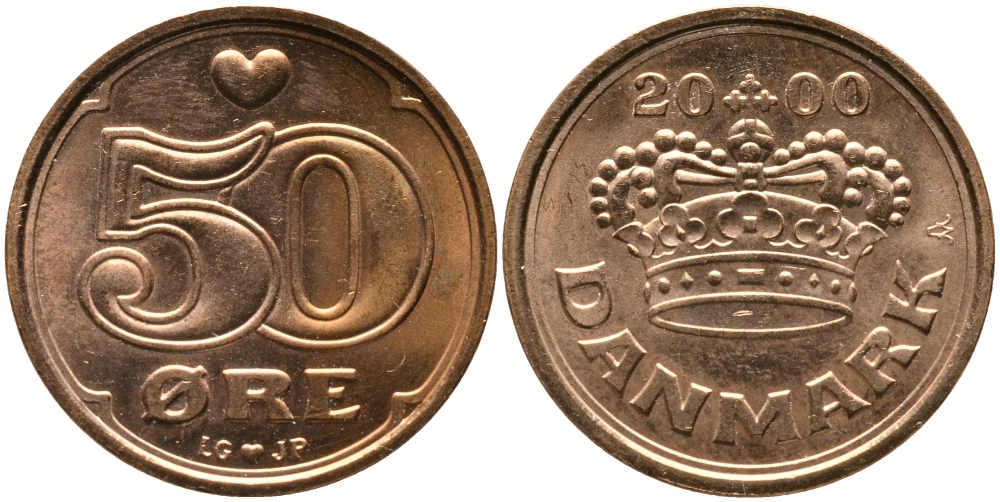 Дания 50 эре 2000 Маргрете II (1972- ) KM 866.2 бронза UNC 28-1124