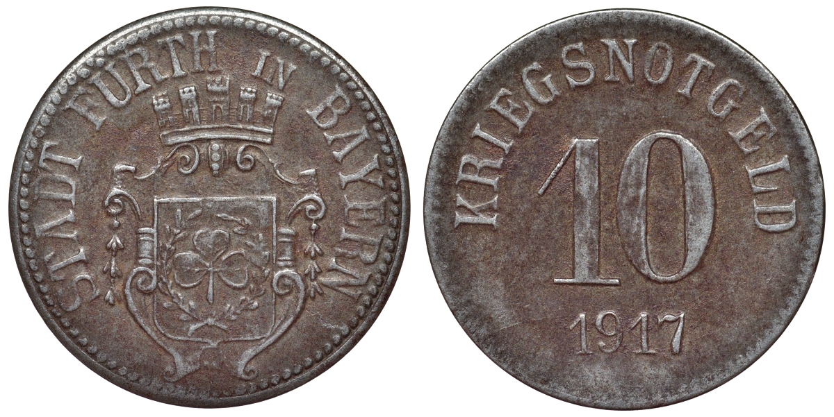 Германия, Фюрт 10 пфеннигов 1917 Бавария, нотгельд Funck 145.3 железо 4119-1022