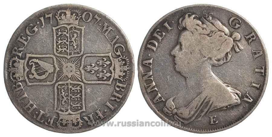 Великобритания 1/2 кроны 1707 E (Эксетер), Анна (1702-1714) KM 525.2, Spink 3605 серебро 00-814-68