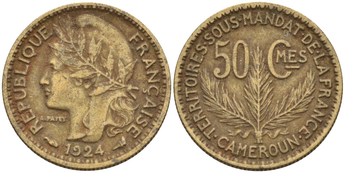 Французский Камерун 50 сантимов 1924 (а), монетный двор Париж KM 1 алюминиевая бронза 4164-1143