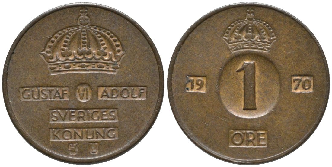 Швеция 1 эре 1970 U, Густав VI Адольф (1950-1973) KM 820 бронза 4387-147