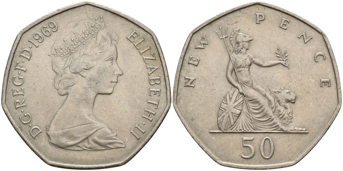 Великобритания 50 пенсов 1969 Елизавета II (1952-2022) KM 913, Spink 4223 (H1) медно-никель 4150-737