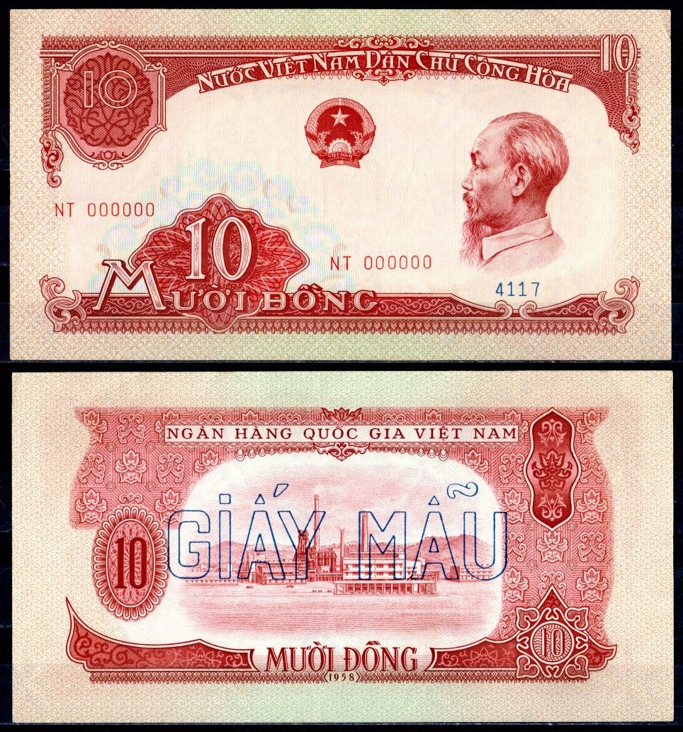 Вьетнам 10 донгов  1958 Хо Ши Мин, Фабрика. Образец "SPECIMEN". Серия NT 000000 Pick 74 s  бумага  аUNC 451-382-3