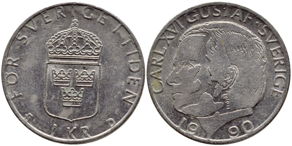 Швеция 1 крона 1990 Карл XVI Густав (1973- ) KM 852a медно-никель 4398-1233