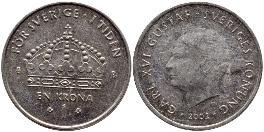 Швеция 1 крона 2002 Карл XVI Густав (1973- ) KM 894 медно-никель 4364-1213